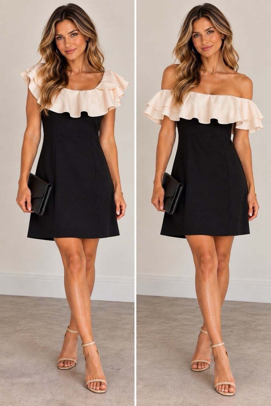 LOFT Black Ivory Ruffle Off Shoulder Shift Dress Size 8 NWT